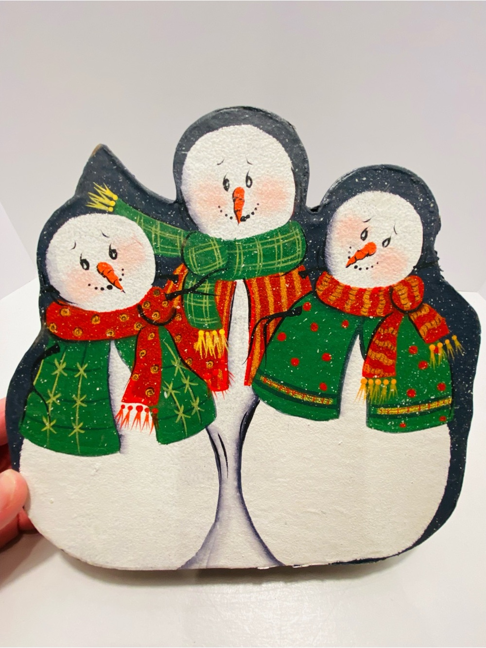 Festive Triple Snowman Paper Mache Box VINTAGE*HAS FLAWS but*GREAT condition.